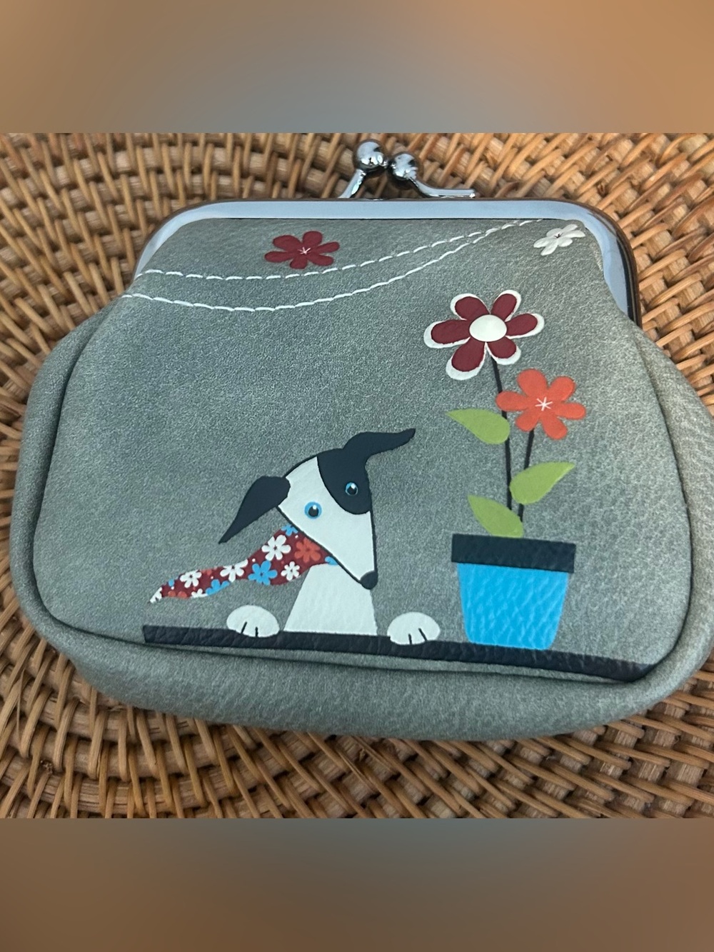 ESPE Vegan Leather Dog Coin Purse  Kiss Lock Grey Floral Made in Canada